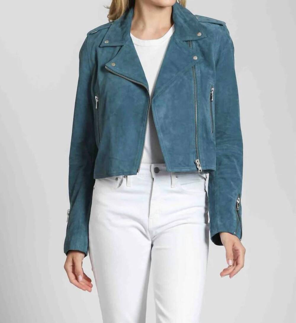 NEW 11 UPTOWN cropped goat suede jacket with zipper detail in petrol blue